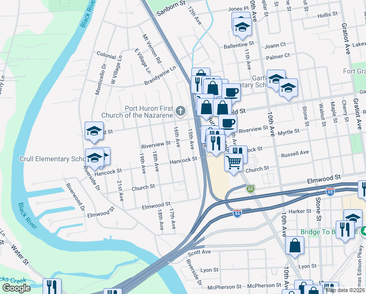 map of restaurants, bars, coffee shops, grocery stores, and more near 2652 16th Avenue in Port Huron
