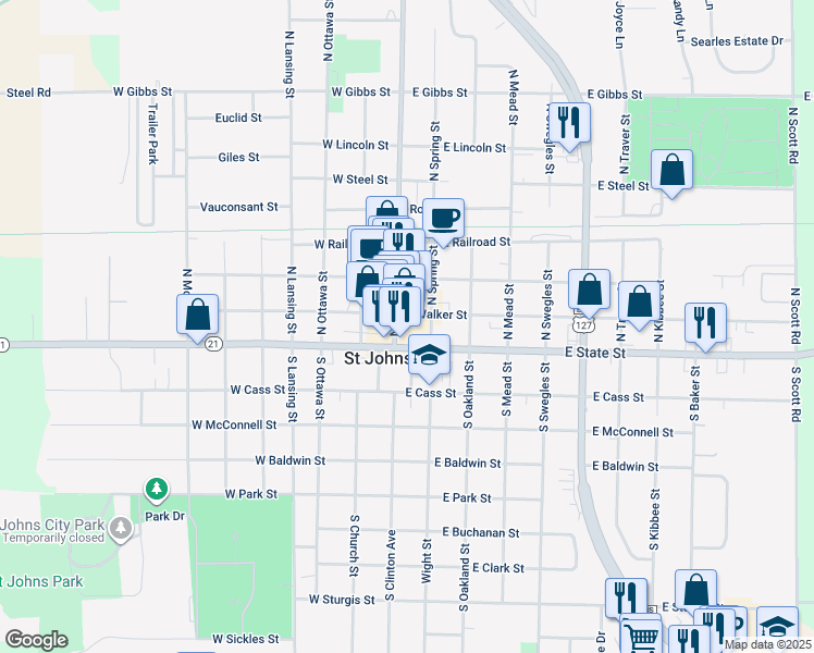 map of restaurants, bars, coffee shops, grocery stores, and more near 116 North Clinton Avenue in Saint Johns