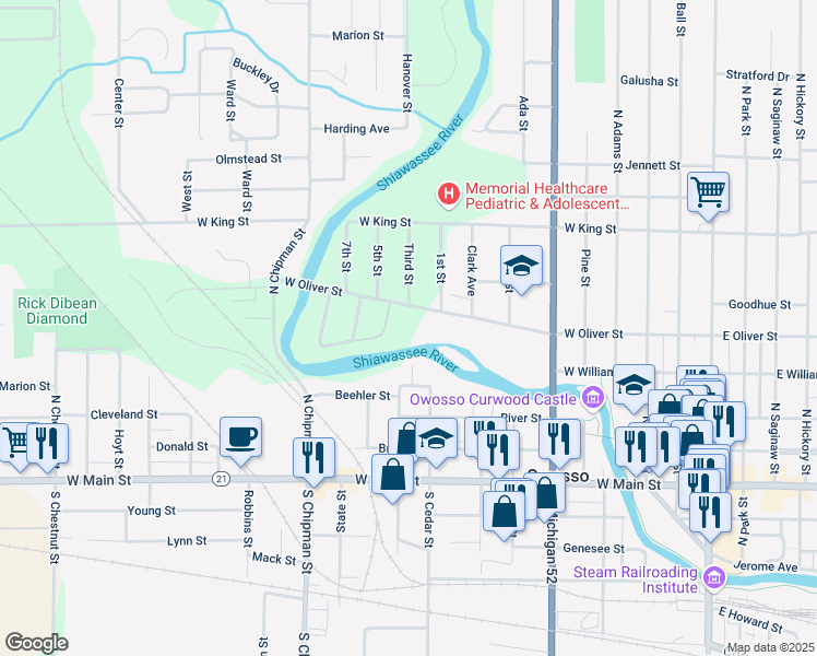 map of restaurants, bars, coffee shops, grocery stores, and more near 905 West Oliver Street in Owosso