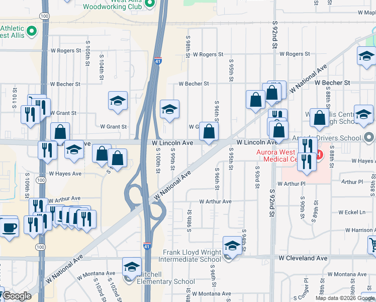 map of restaurants, bars, coffee shops, grocery stores, and more near 2323 South 98th Street in West Allis