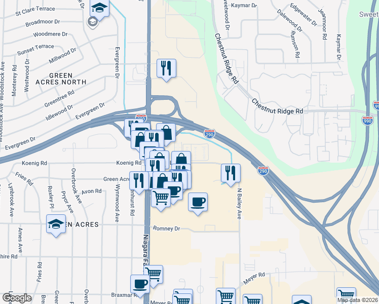 map of restaurants, bars, coffee shops, grocery stores, and more near 3948 Ridge Lea Road in Buffalo