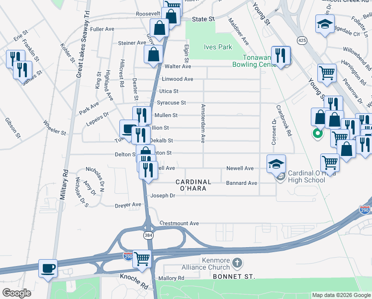 map of restaurants, bars, coffee shops, grocery stores, and more near 95 Canton St in Tonawanda