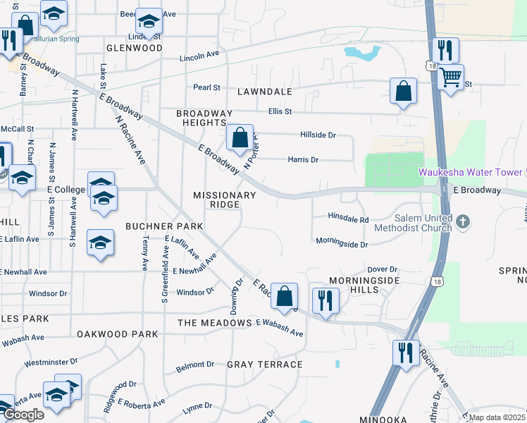 map of restaurants, bars, coffee shops, grocery stores, and more near S23W23185 Broadway in Waukesha