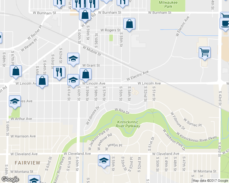 map of restaurants, bars, coffee shops, grocery stores, and more near 2334 South 56th Street in West Allis