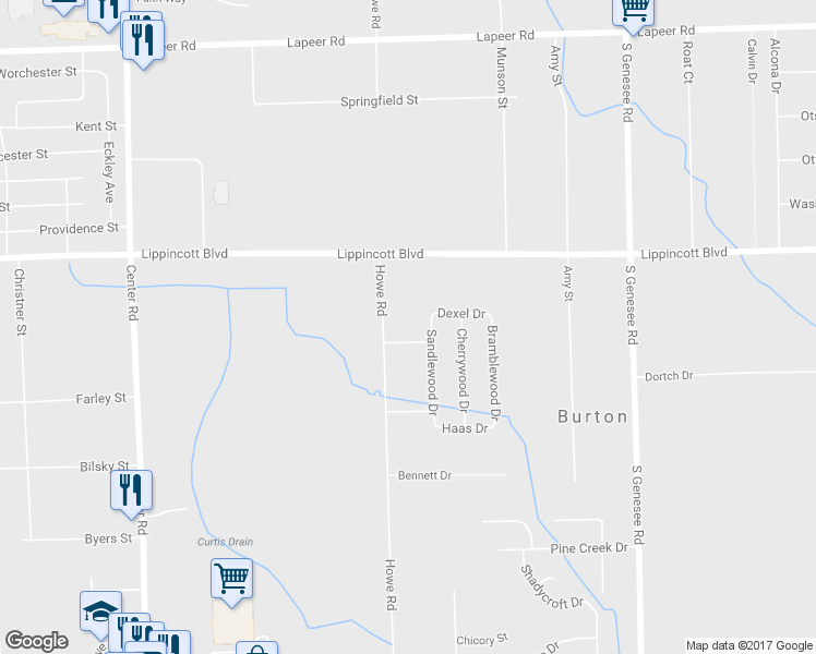 map of restaurants, bars, coffee shops, grocery stores, and more near 4293 Dexel Drive in Burton