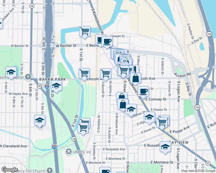 map of restaurants, bars, coffee shops, grocery stores, and more near 2339 South Austin Street in Milwaukee