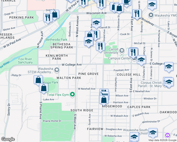 map of restaurants, bars, coffee shops, grocery stores, and more near 406 Harvey Ave in Waukesha