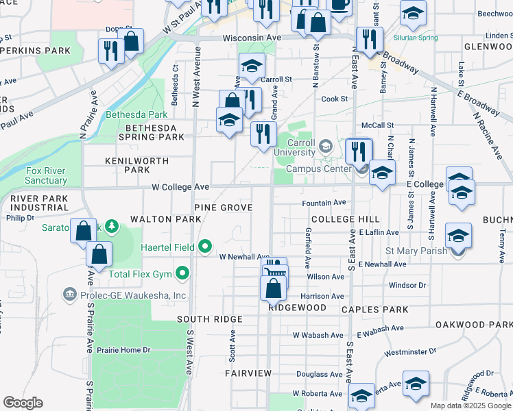 map of restaurants, bars, coffee shops, grocery stores, and more near 129 Hinman Avenue in Waukesha