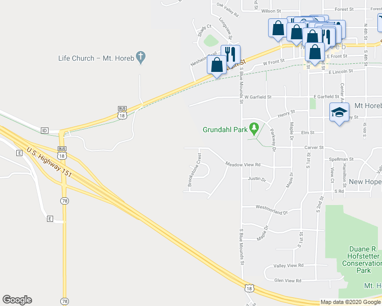 map of restaurants, bars, coffee shops, grocery stores, and more near 605 Meadow View Road in Mount Horeb