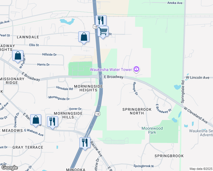 map of restaurants, bars, coffee shops, grocery stores, and more near 1701 East Broadway in Waukesha