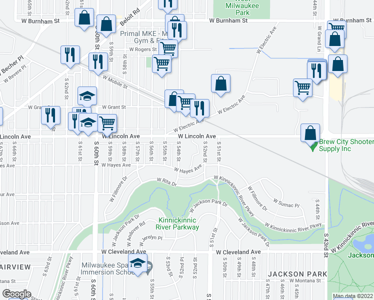 map of restaurants, bars, coffee shops, grocery stores, and more near 2330 South 54th Street in West Allis