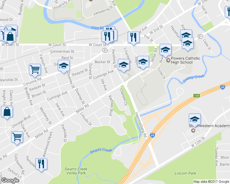 map of restaurants, bars, coffee shops, grocery stores, and more near 1941 Miller Road in Flint