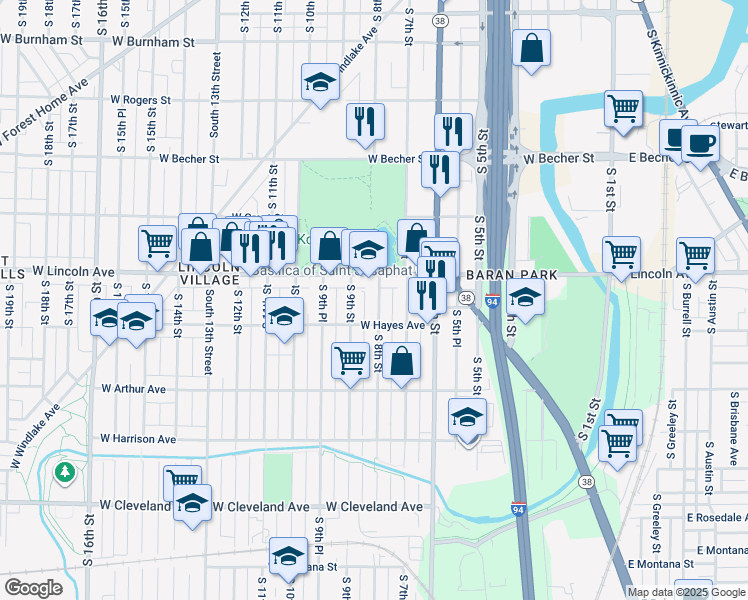 map of restaurants, bars, coffee shops, grocery stores, and more near 2333 South 8th Street in Milwaukee