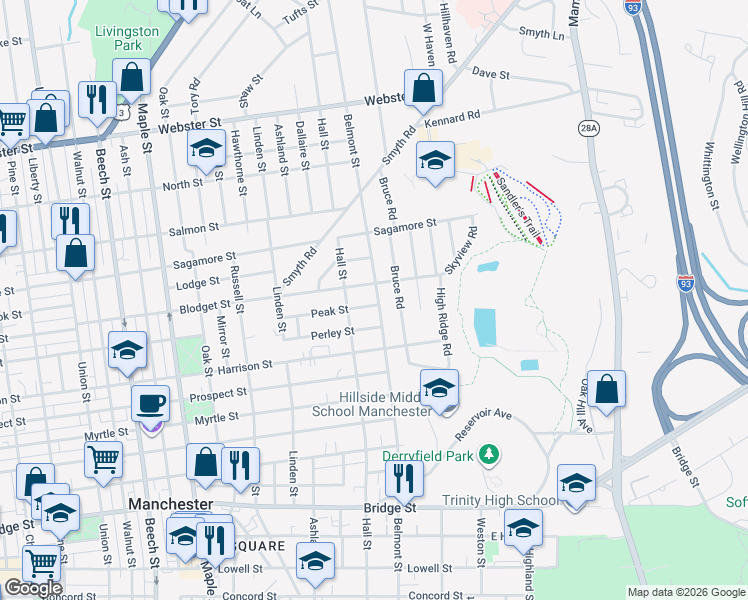 map of restaurants, bars, coffee shops, grocery stores, and more near 232 Peak Street in Manchester