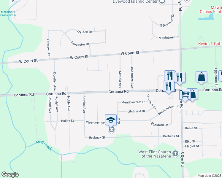 map of restaurants, bars, coffee shops, grocery stores, and more near 6004 Corunna Road in Flint