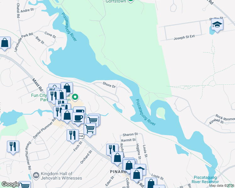 map of restaurants, bars, coffee shops, grocery stores, and more near 2 Shore Drive in Goffstown
