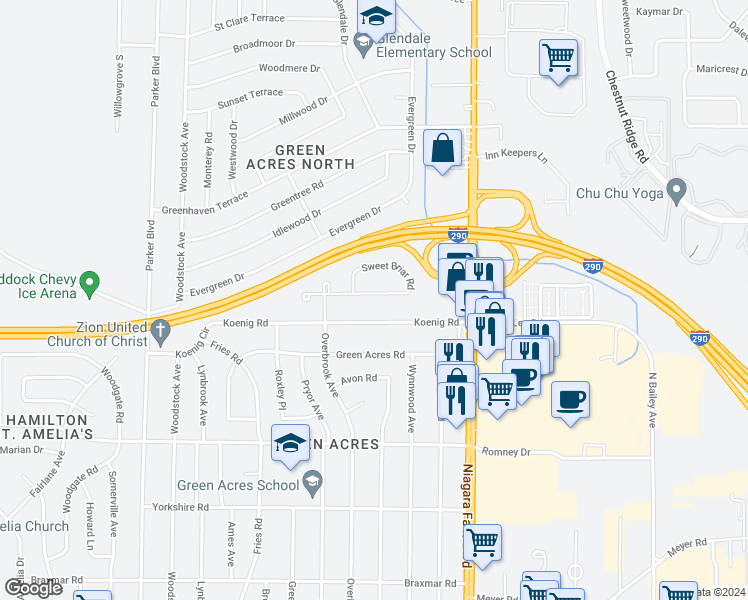 map of restaurants, bars, coffee shops, grocery stores, and more near 79 Sweet Briar Road in Tonawanda