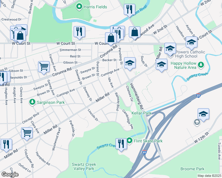 map of restaurants, bars, coffee shops, grocery stores, and more near 2002 Miller Road in Flint