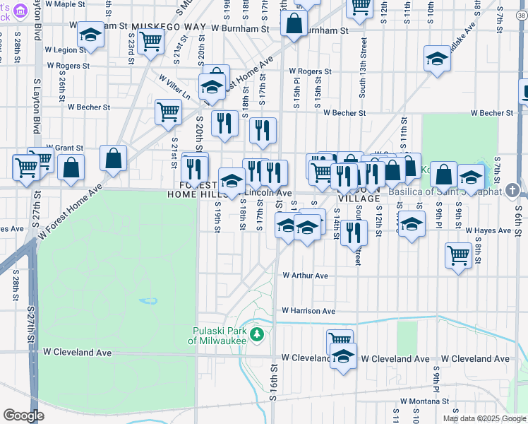 map of restaurants, bars, coffee shops, grocery stores, and more near 2338A South 17th Street in Milwaukee