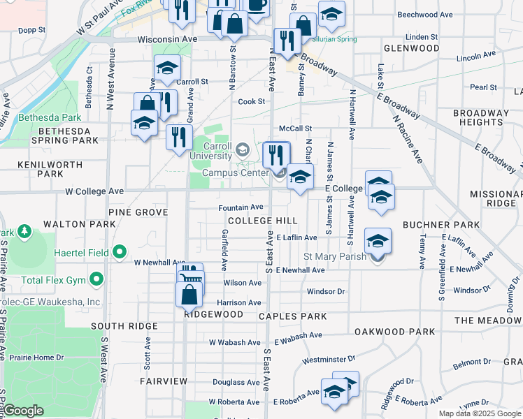 map of restaurants, bars, coffee shops, grocery stores, and more near 128 South East Avenue in Waukesha