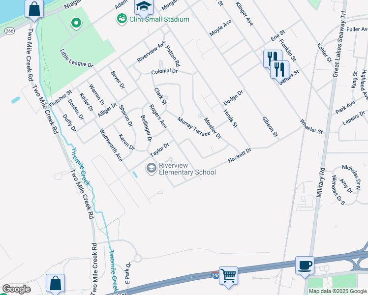 map of restaurants, bars, coffee shops, grocery stores, and more near 265 Rogers Avenue in Tonawanda
