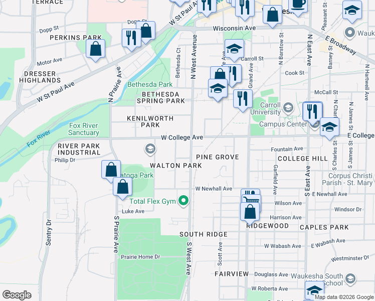 map of restaurants, bars, coffee shops, grocery stores, and more near 122 South West Avenue in Waukesha