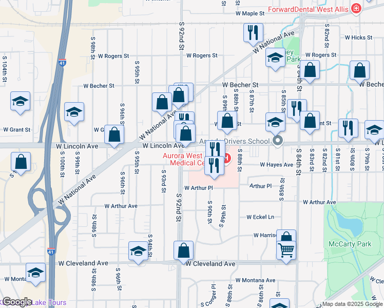 map of restaurants, bars, coffee shops, grocery stores, and more near 2323 South 91st Street in West Allis