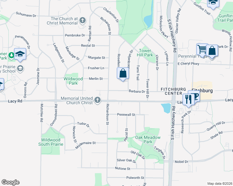 map of restaurants, bars, coffee shops, grocery stores, and more near 5667 Barbara Drive in Fitchburg