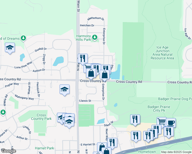map of restaurants, bars, coffee shops, grocery stores, and more near 1015 North Edge Trail in Verona