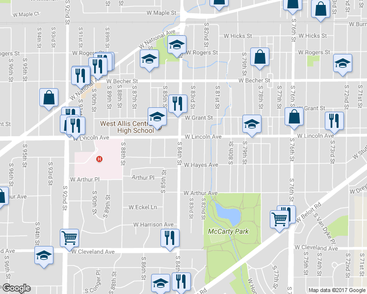 map of restaurants, bars, coffee shops, grocery stores, and more near 2324 South 84th Street in West Allis