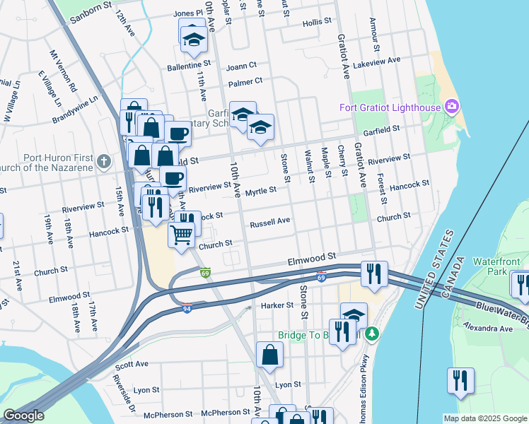map of restaurants, bars, coffee shops, grocery stores, and more near 1216 Hancock Street in Port Huron