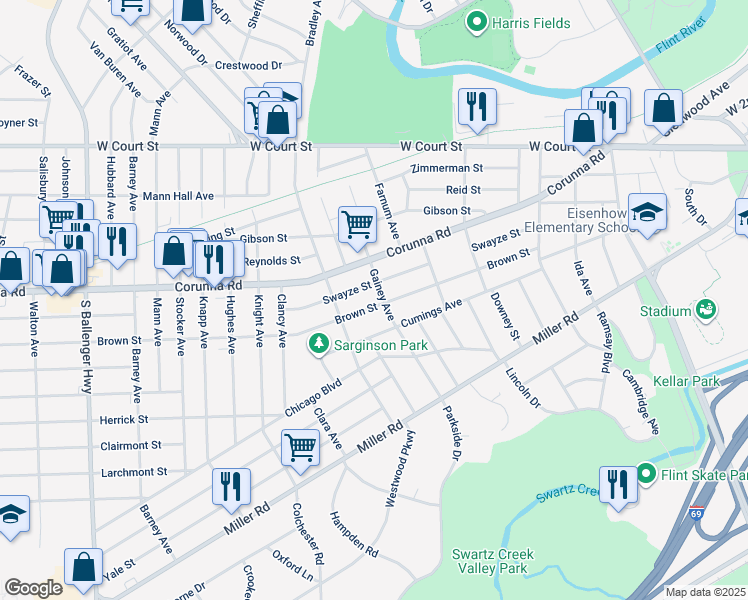 map of restaurants, bars, coffee shops, grocery stores, and more near 2610 Brown Street in Flint