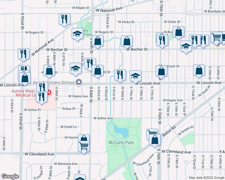 map of restaurants, bars, coffee shops, grocery stores, and more near 2329 South 81st Street in West Allis