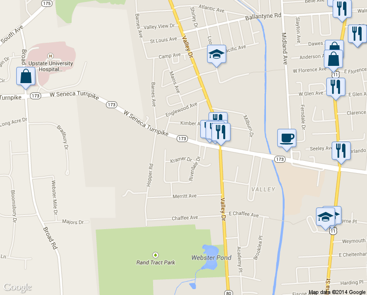 map of restaurants, bars, coffee shops, grocery stores, and more near 525 West Seneca Turnpike in Syracuse