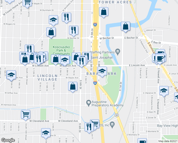 map of restaurants, bars, coffee shops, grocery stores, and more near 2346 South Chase Avenue in Milwaukee