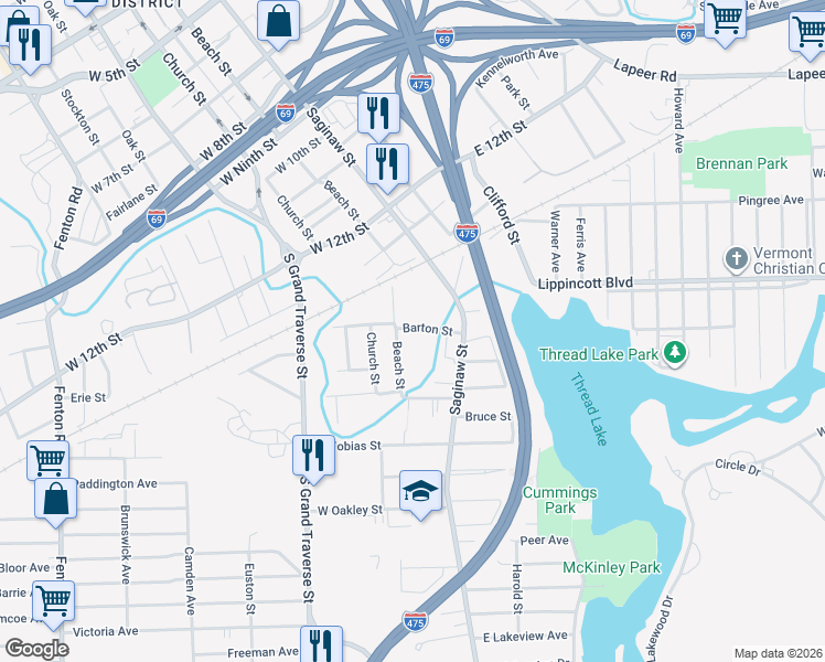 map of restaurants, bars, coffee shops, grocery stores, and more near 201 Barton Street in Flint