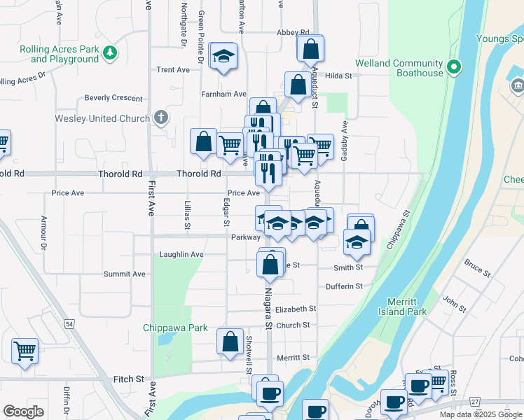 map of restaurants, bars, coffee shops, grocery stores, and more near 403 Niagara Street in Welland