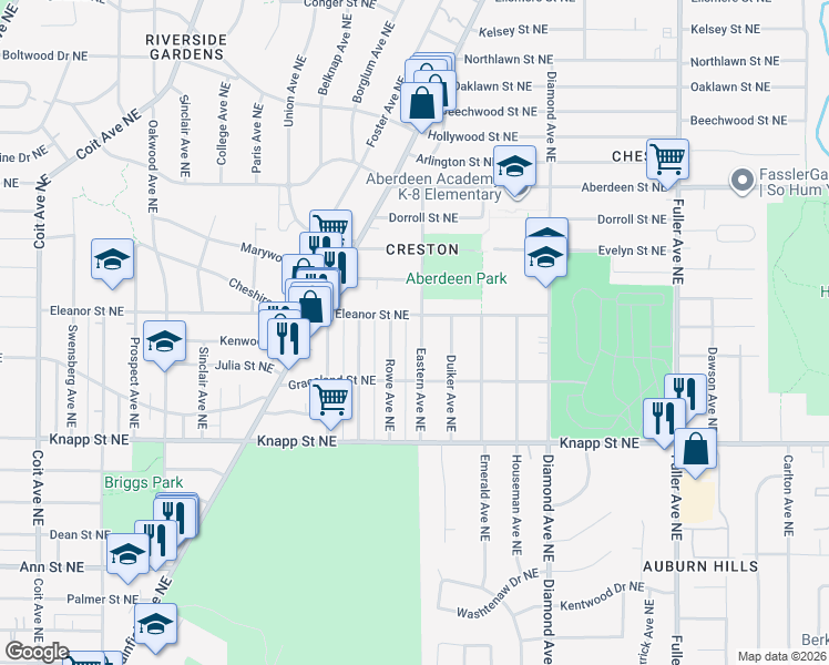 map of restaurants, bars, coffee shops, grocery stores, and more near 2145 Eastern Avenue Northeast in Grand Rapids