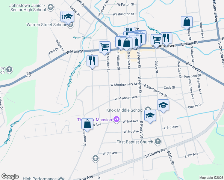 map of restaurants, bars, coffee shops, grocery stores, and more near 209 South William Street in Johnstown