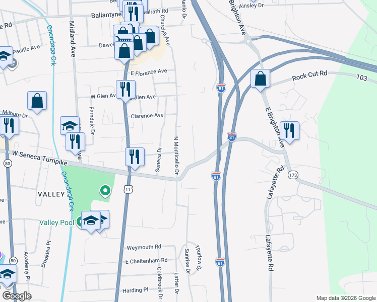 map of restaurants, bars, coffee shops, grocery stores, and more near 106 Maywood Drive in Syracuse