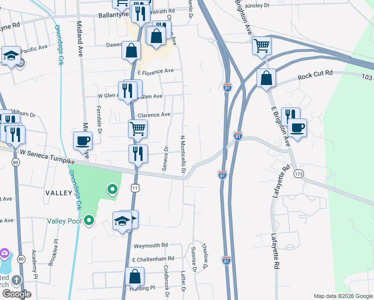map of restaurants, bars, coffee shops, grocery stores, and more near 150-54 North Monticello Drive in Syracuse