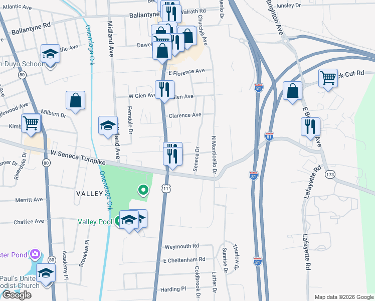 map of restaurants, bars, coffee shops, grocery stores, and more near 131 Orlando Avenue in Syracuse
