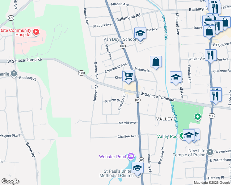map of restaurants, bars, coffee shops, grocery stores, and more near 525 West Seneca Turnpike in Syracuse