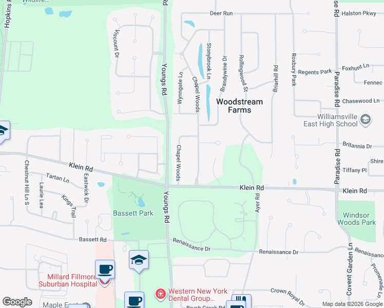map of restaurants, bars, coffee shops, grocery stores, and more near 42 Chapel Woods in Buffalo