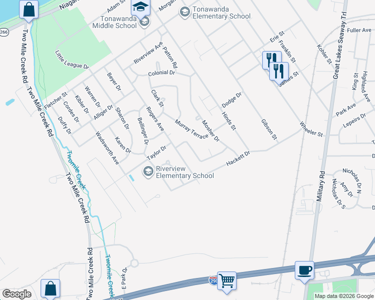 map of restaurants, bars, coffee shops, grocery stores, and more near 265 Rogers Avenue in Tonawanda