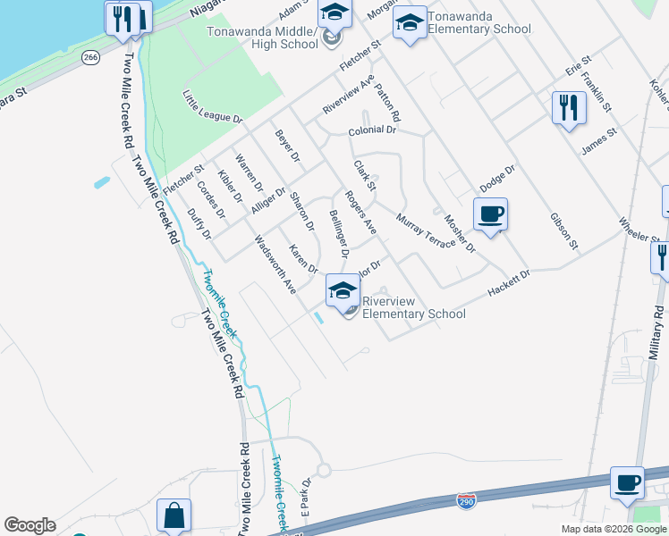 map of restaurants, bars, coffee shops, grocery stores, and more near 83 Bellinger Drive in Tonawanda