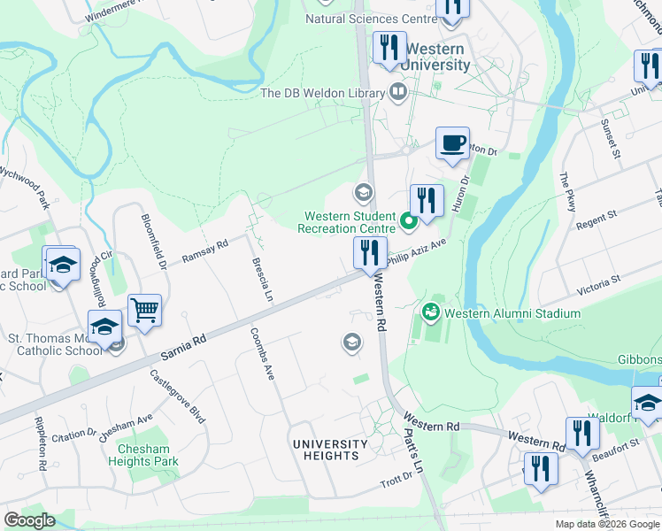 map of restaurants, bars, coffee shops, grocery stores, and more near 217 Sarnia Road in London