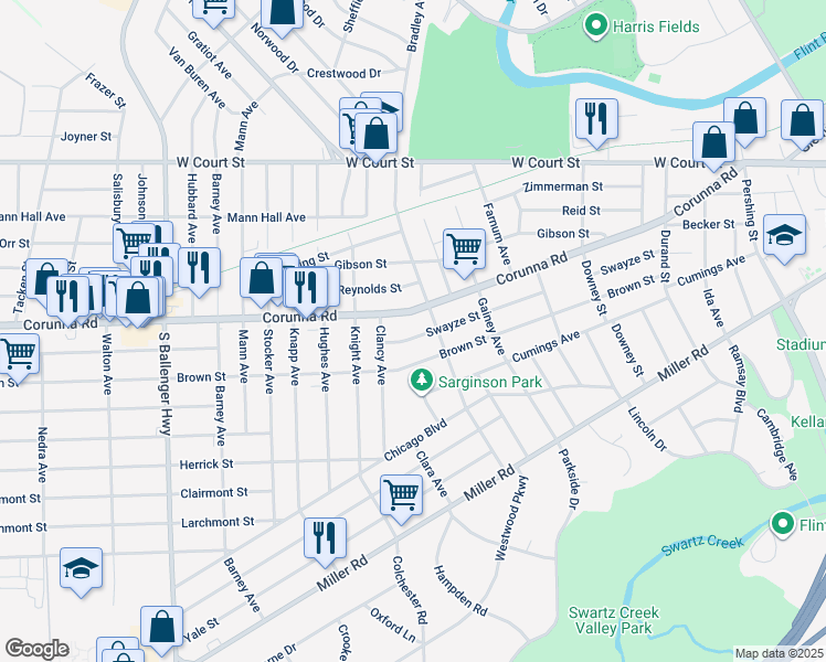 map of restaurants, bars, coffee shops, grocery stores, and more near 2734 Swayze Street in Flint