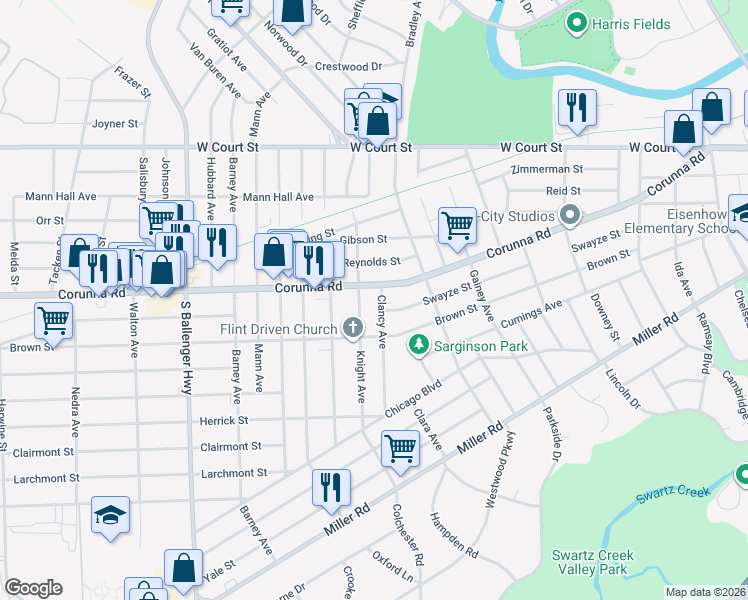 map of restaurants, bars, coffee shops, grocery stores, and more near 1119 Knight Avenue in Flint