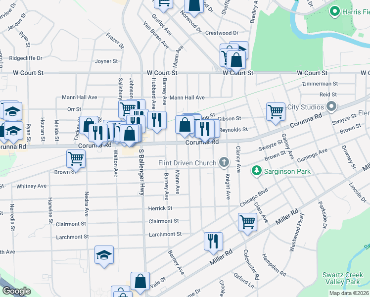 map of restaurants, bars, coffee shops, grocery stores, and more near 1115 Mann Avenue in Flint